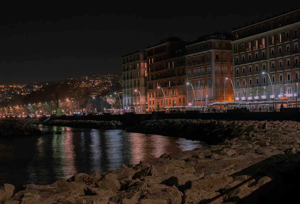 Naples seaside evening promenade lights