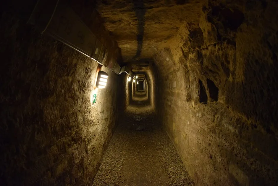 Narrow lit underground tunnel with stone walls in Naples catacombs