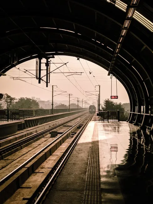 Rail platform under arched canopy with incoming train near Naples