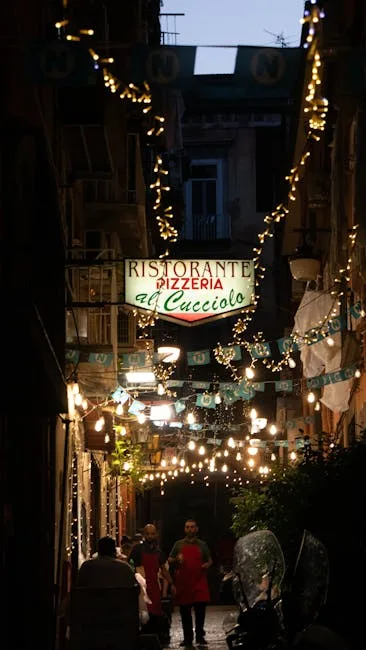 Nighttime Naples alley with pizzeria sign, string lights, diners