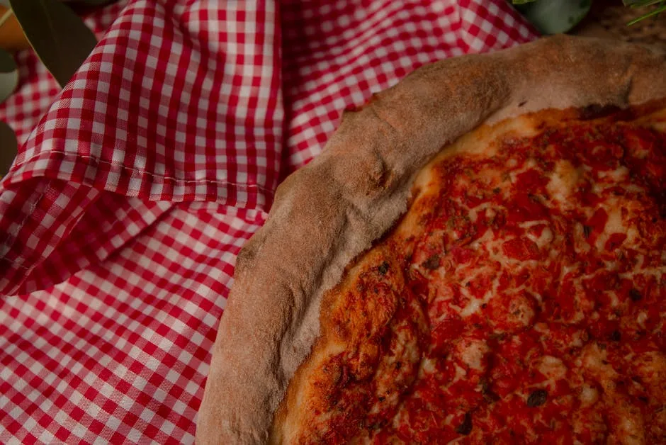 Close-up of pizza crust and sauce on red gingham cloth