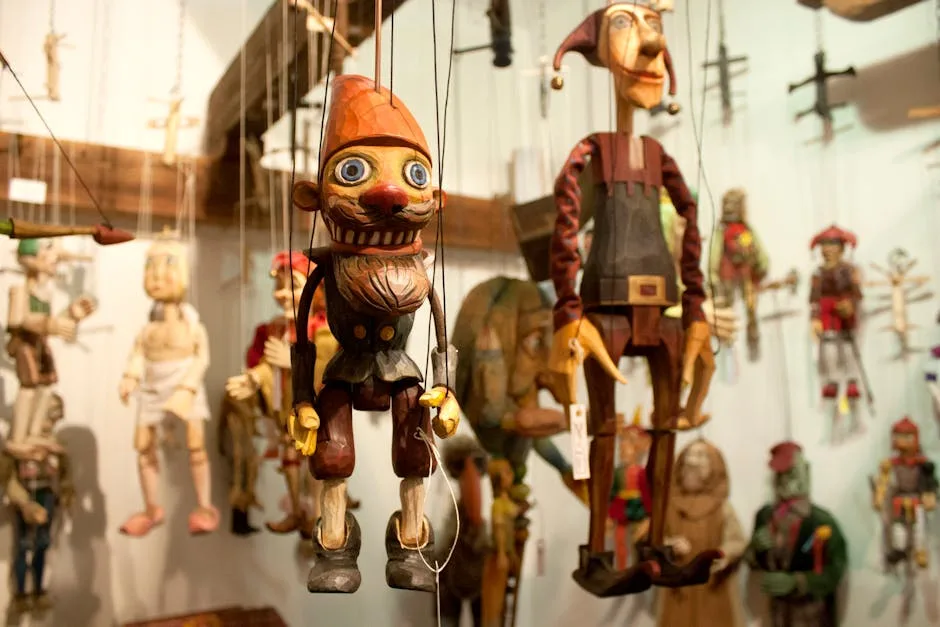 Colorful wooden marionette puppets hanging in a Naples puppet museum.