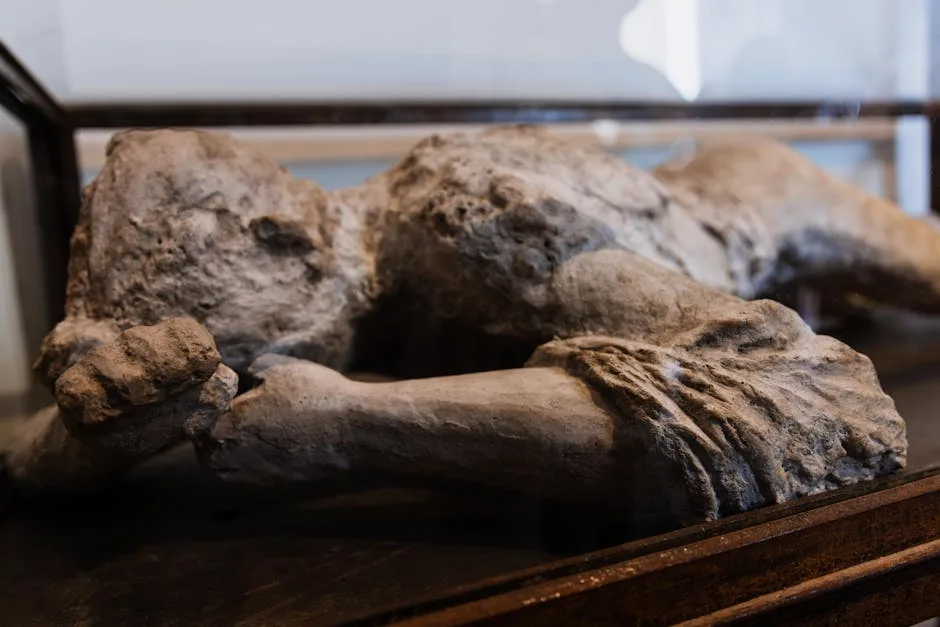 Plaster cast of Pompeii eruption victim displayed in museum case