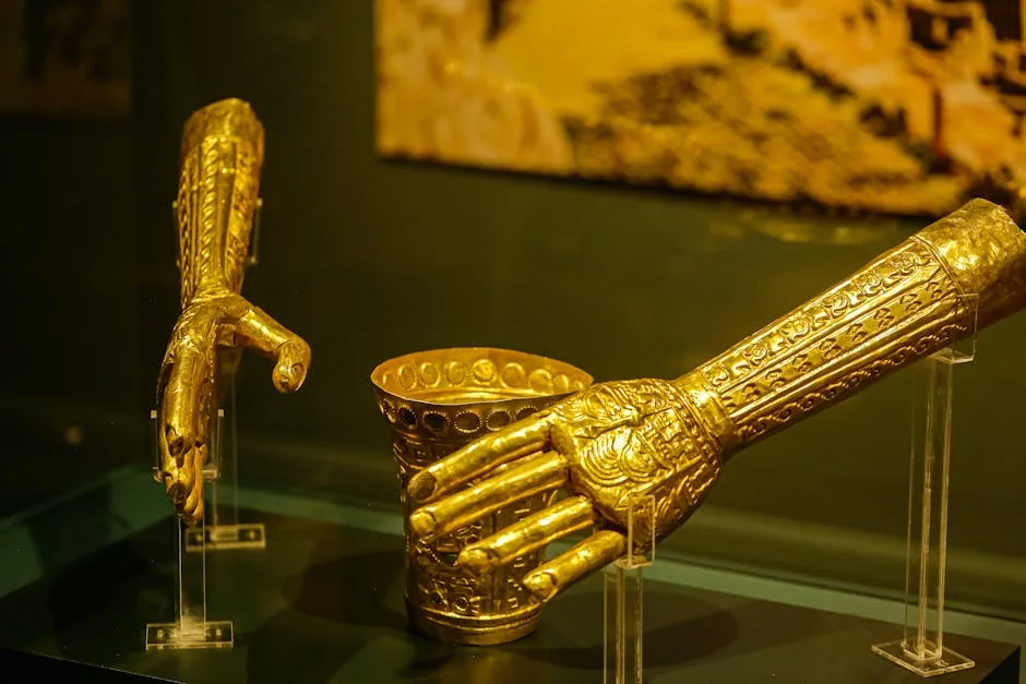 Gold relic hands and chalice displayed as San Gennaro treasures in Naples