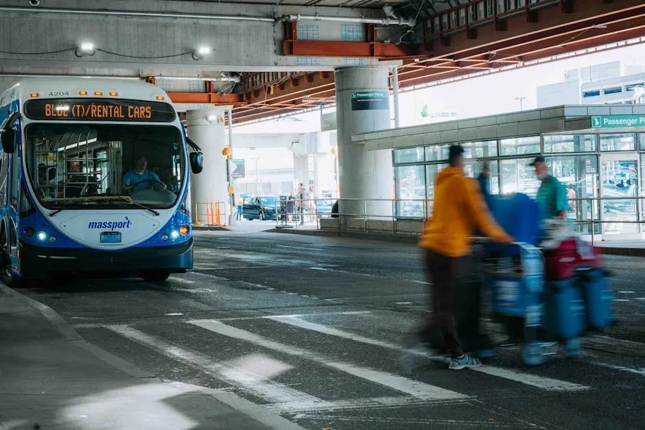 Airport shuttle bus parked under terminal with blurred travelers pushing luggage