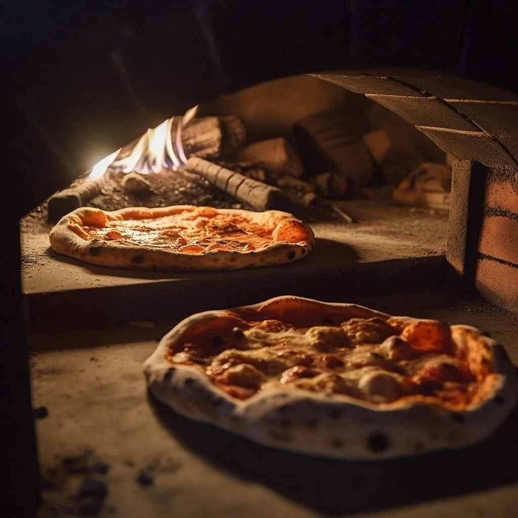 Two pizzas baking in a wood-fired oven with visible flames
